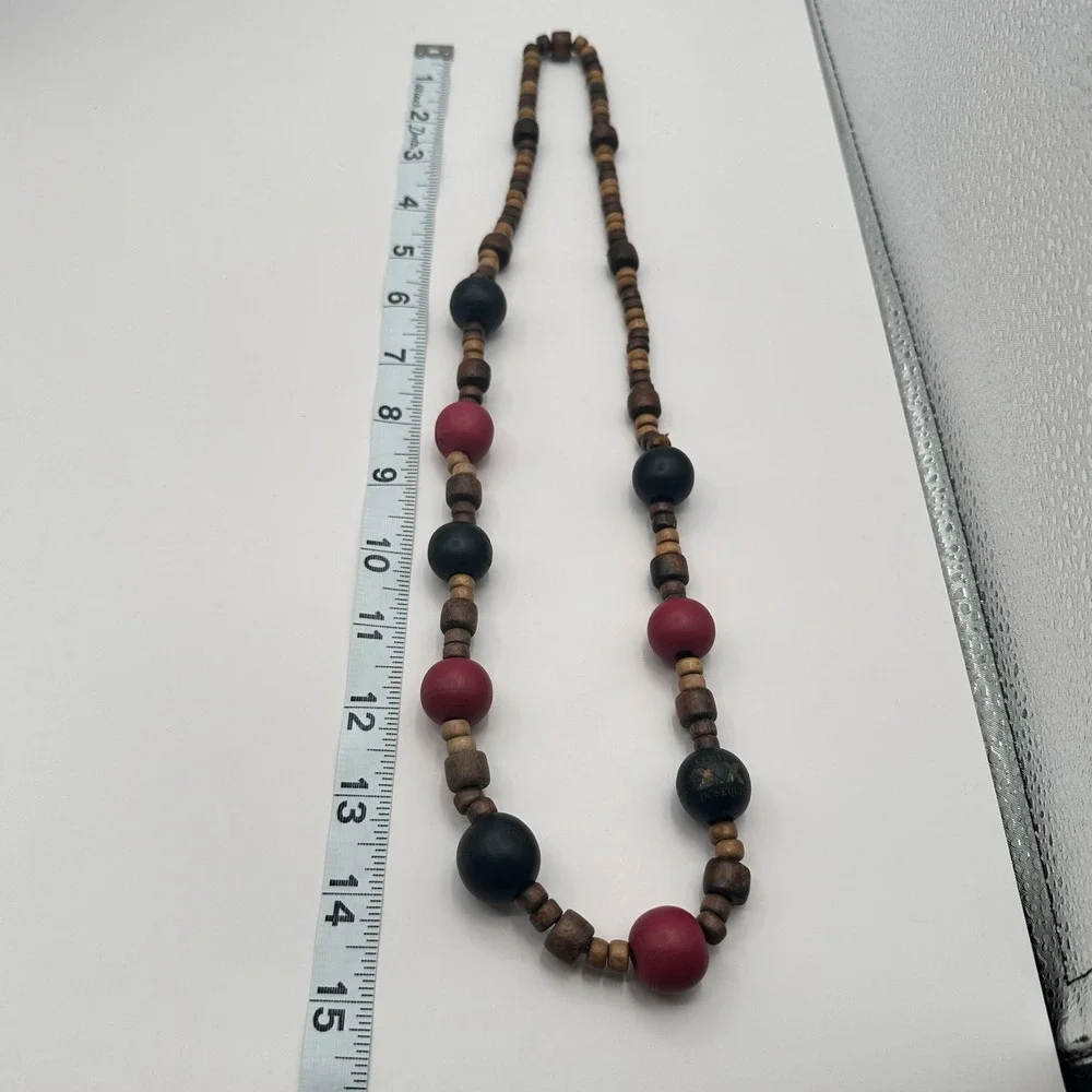 Vintage 90s Dos Equis Wood Bead Necklace Boho Tribal Women's Jewelry